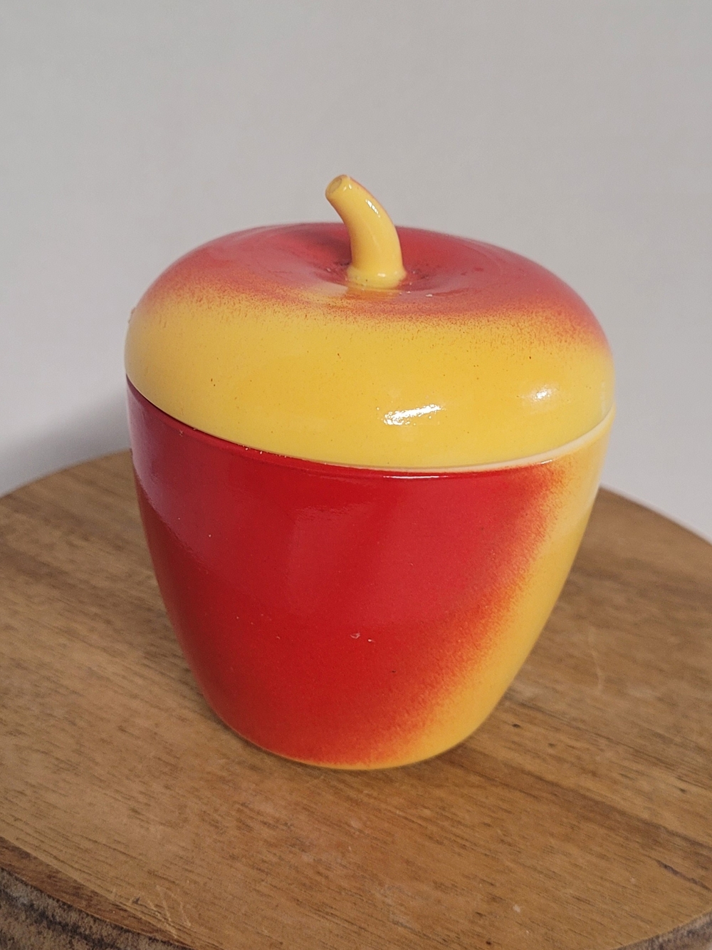 Vintage Red and Yellow Apple Milk Glass Storage Jar with Lid